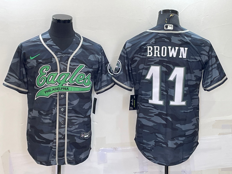 Men's Philadelphia Eagles #11 A. J. Brown Grey Camo With Patch Cool Base Stitched Baseball Jersey