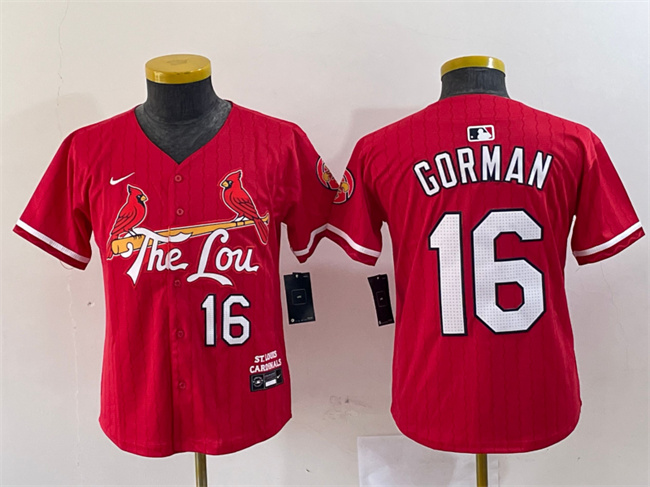 Youth St. Louis Cardinals #16 Nolan Gorman Red 2024 City Connect Limited Stitched Baseball Jersey
