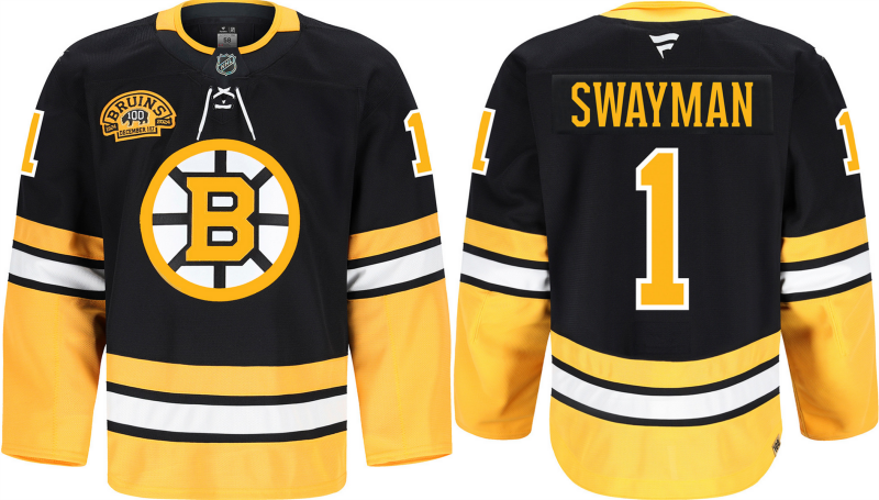 Men's Boston Bruins #1 Jeremy Swayman Black 100th Anniversary Stitched Hockey Jersey