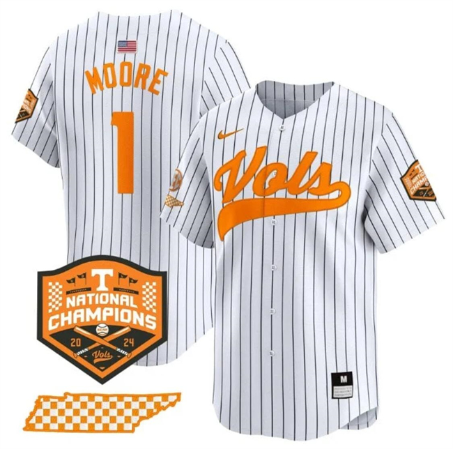 Men's Tennessee Volunteers #1 Christian Moore White Pinstripe 2024 Champions Vapor Limited Stitched Jersey Men's Tennessee Volunteers #1 Christian Moore White Pinstripe 2024 Champions Vapor Limited Stitched Jersey