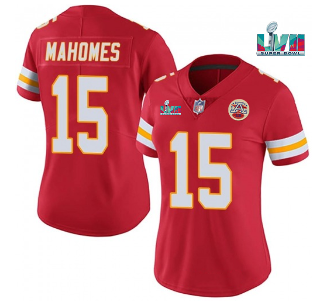 Women's Kansas City Chiefs #15 Patrick Mahomes Red Super Bowl LVII Patch Vapor Stitched Jersey(Run Small)