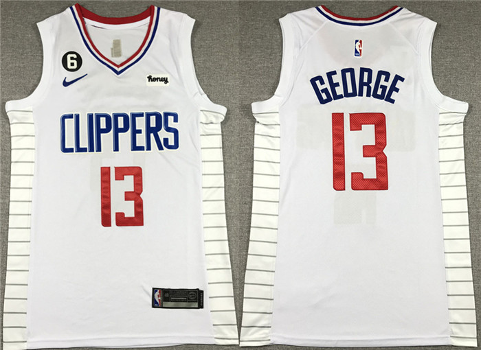 Men's Los Angeles Clippers #13 Paul George White With NO.6 Patch Stitched Jersey