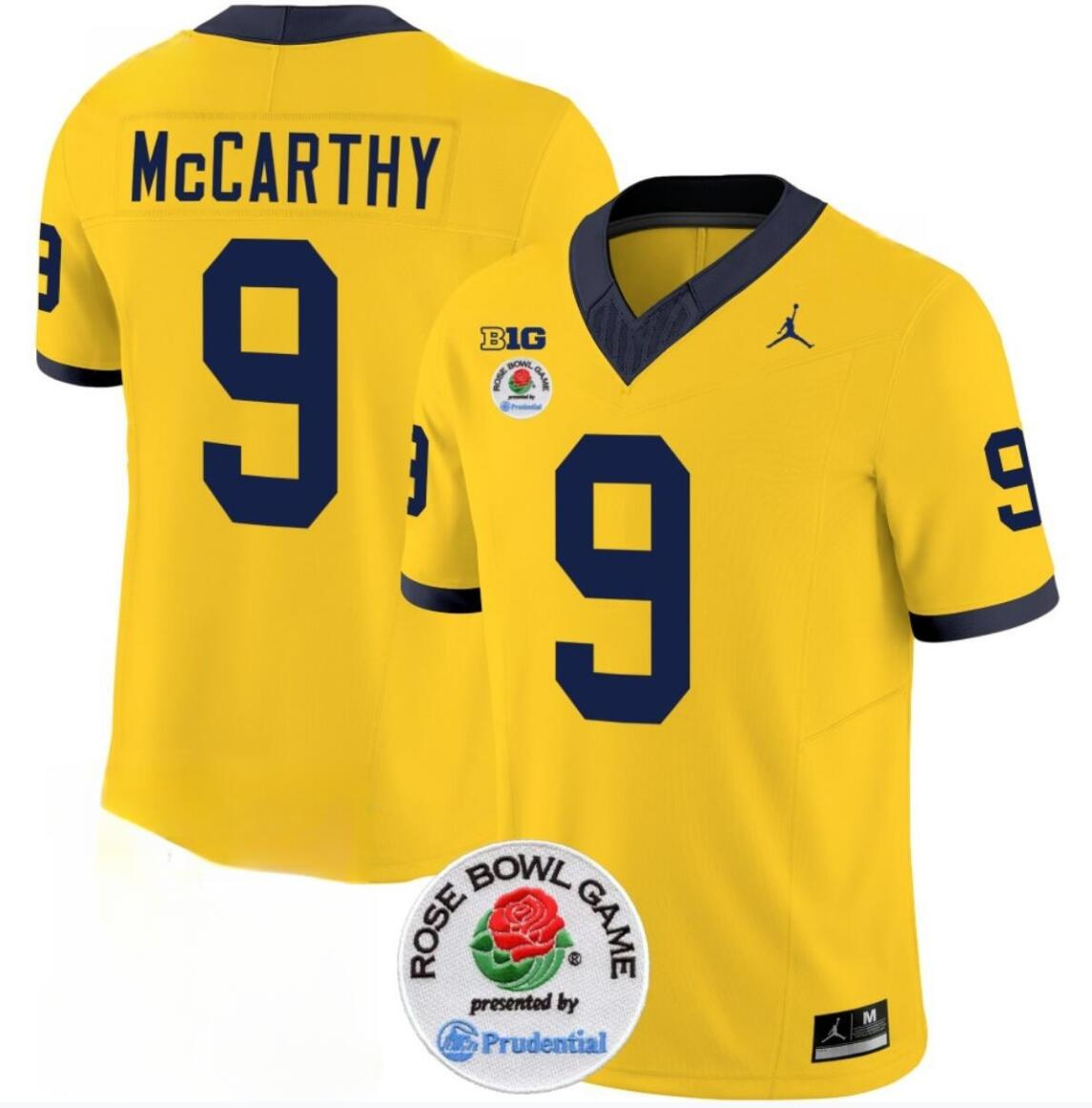 Men's Michigan Wolverines #9 J.J. McCarthy 2023 F.U.S.E. Yellow Rose Bowl Patch Stitched Jersey