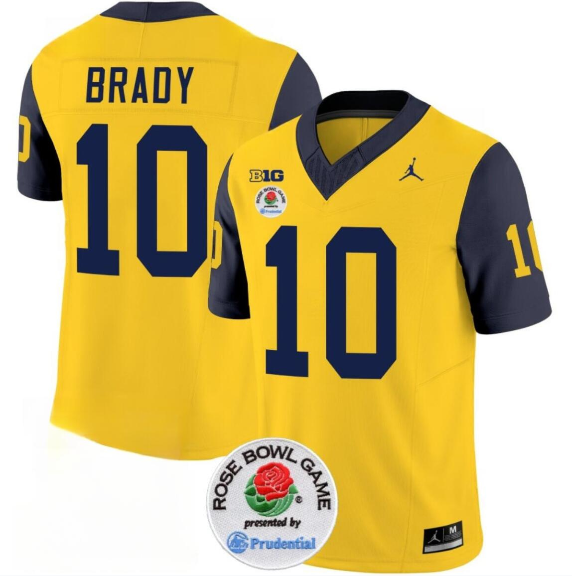 Men's Michigan Wolverines #10 Tom Brady 2023 F.U.S.E. Yellow/Navy Rose Bowl Patch Stitched Jersey