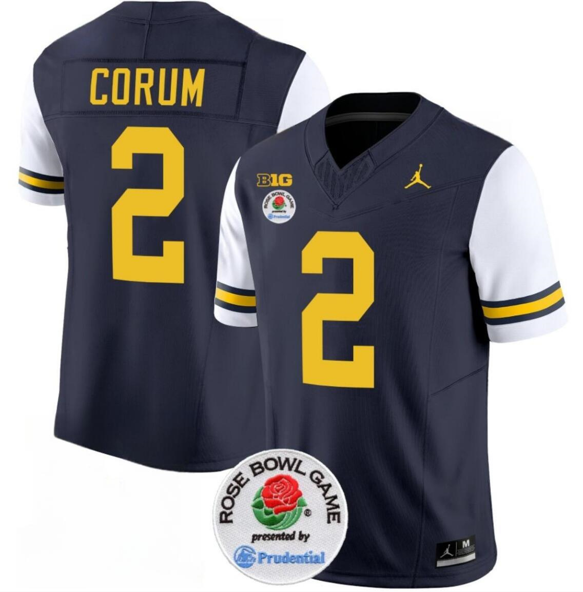 Men's Michigan Wolverines #2 Blake Corum 2023 F.U.S.E. Navy/White Rose Bowl Patch Stitched Jersey