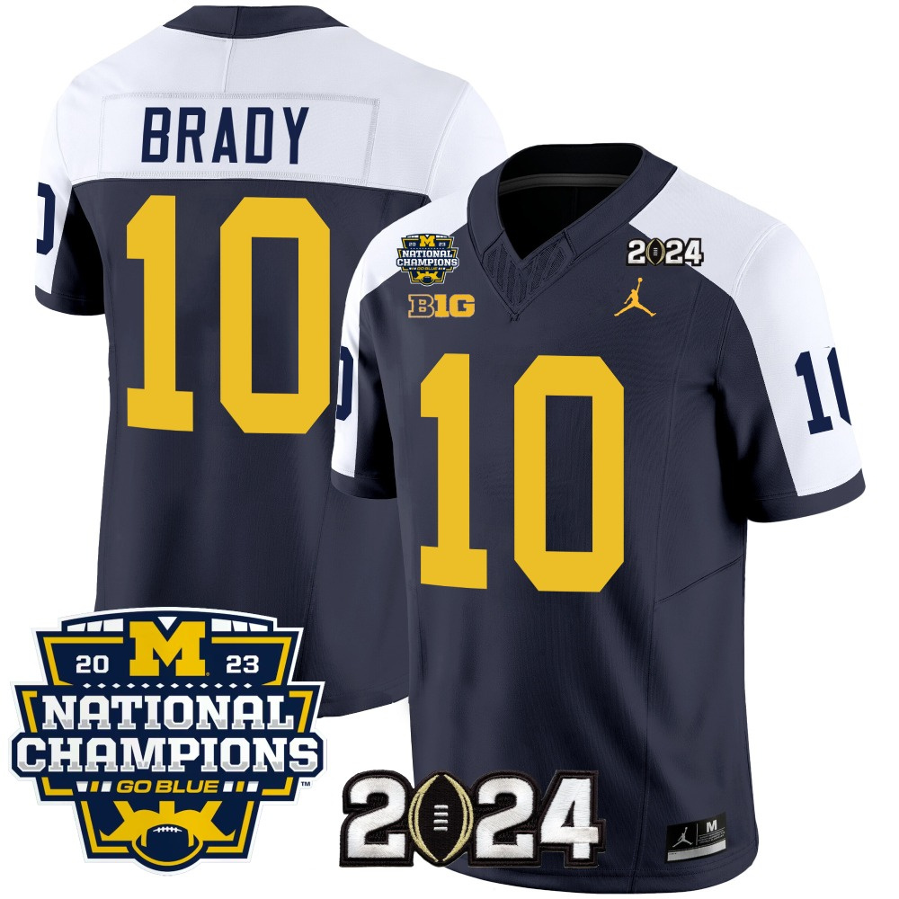 Men's Michigan Wolverines #10 Tom Brady Navy/White 2024 F.U.S.E. With 2023 National Champions Patch Stitched Jersey