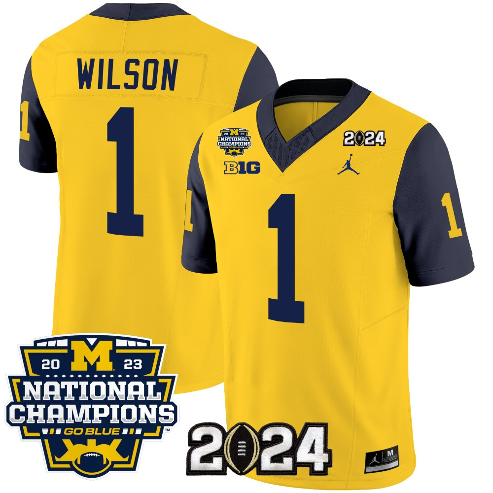 Men's Michigan Wolverines #1 Roman Wilson Yellow/Navy 2024 F.U.S.E. With 2023 National Champions Patch Stitched Jersey