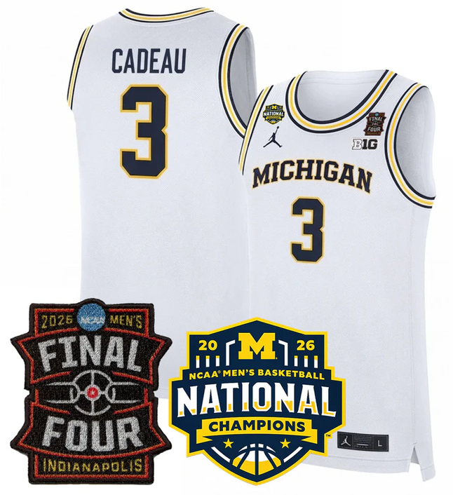 Men's Michigan Wolverines #3 Elliot Cadeau White 2025/26 Final Four & National Champions Patch Stitched Basketball Jersey