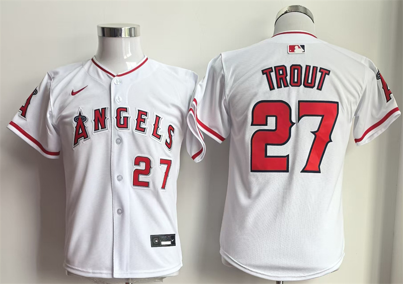 Youth Los Angeles Angels #27 Mike Trout White Limited Stitched Baseball Jersey