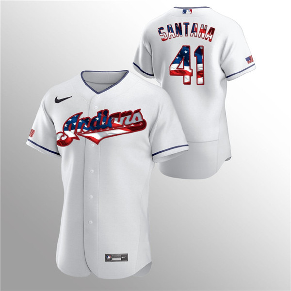 Men's Cleveland Indians #41 Carlos Santana White 2020 Stars & Stripes Flex Base Stitched Jersey