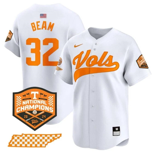 Men's Tennessee Volunteers #32 Drew Beam White 2024 Champions Vapor Limited Stitched Jersey Men's Tennessee Volunteers #32 Drew Beam White 2024 Champions Vapor Limited Stitched Jersey
