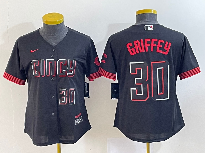 Women's Cincinnati Reds #30 Ken Griffey Jr. Black 2023 City Connect With Patch Stitched Baseball Jersey(Run Small)