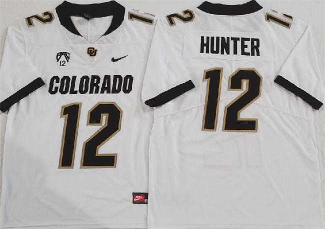 Men's Colorado Buffaloes #12 Travis Hunter White 2023 With PAC-12 Patch Stitched Football Jersey