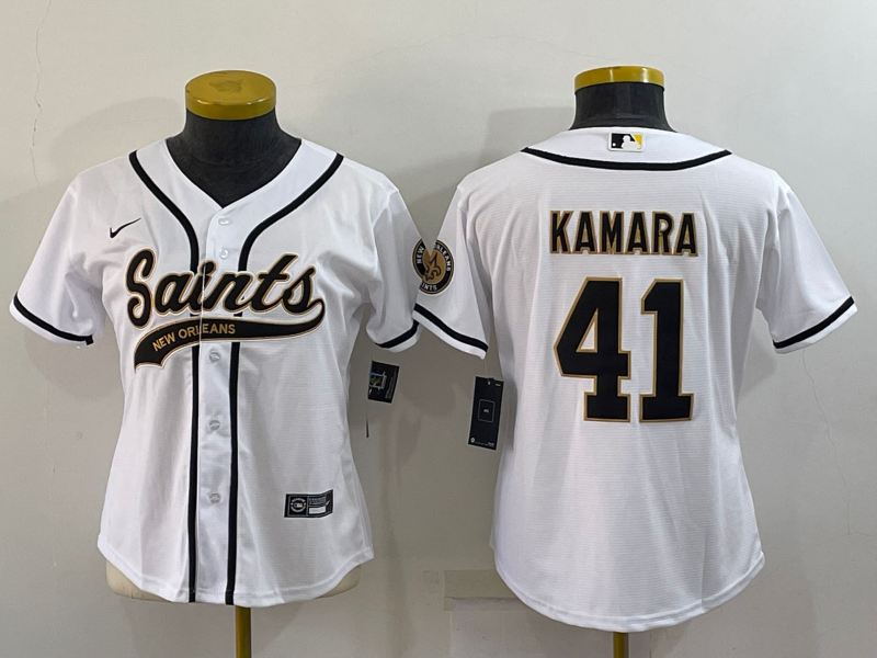 Women's New Orleans Saints #41 Alvin Kamara White With Patch Cool Base Stitched Baseball Jersey(Run Small)