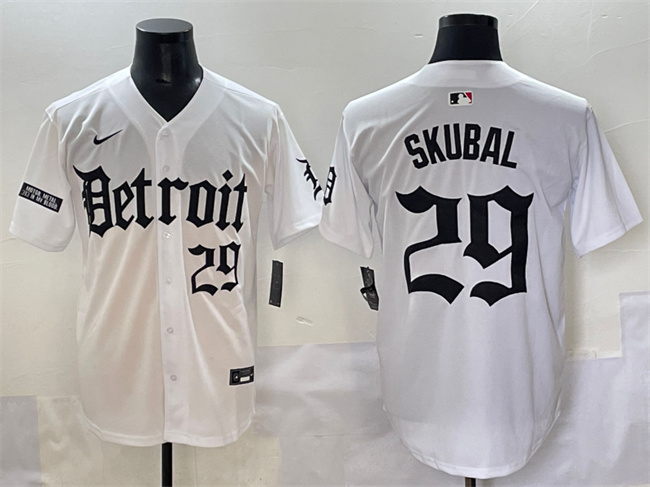 Men's Detroit Tigers #29 Tarik Skubal White 'Motor Gothic Edition' Vapor Premier Limited Stitched Baseball Jersey Men's Detroit Tigers #29 Tarik Skubal White 'Motor Gothic Edition' Vapor Premier Limited Stitched Baseball Jersey