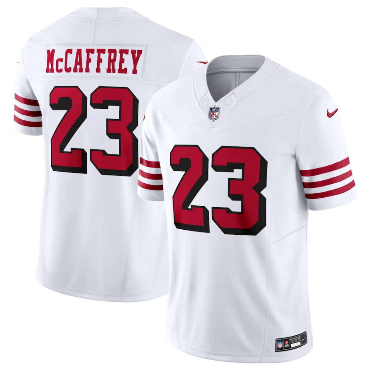 Women's San Francisco 49ers #23 Christian McCaffrey White 2023 F.U.S.E. Vapor Untouchable Limited Stitched Jersey(Run Small)