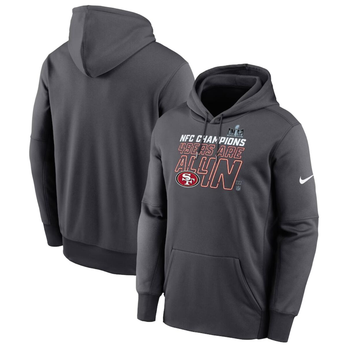 Men's San Francisco 49ers Anthracite 2023 NFC Champions Locker Room Trophy Collection Pullover Hoodie