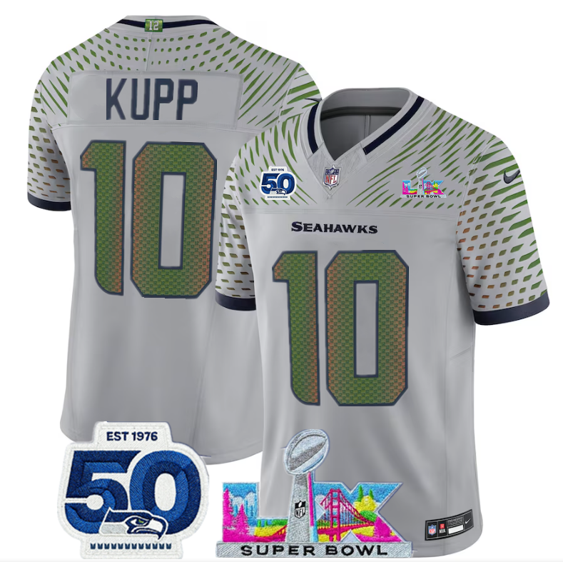 Youth Seattle Seahawks #10 Cooper Kupp Grey 2025 F.U.S.E. Super Bowl LX Patch And 50th Season Patch “Rivalries” Vapor Limited Stitched Football Jersey Youth Seattle Seahawks #10 Cooper Kupp Grey 2025 F.U.S.E. Super Bowl LX Patch And 50th Season Patch “Rivalries” Vapor Limited Stitched Football Jersey