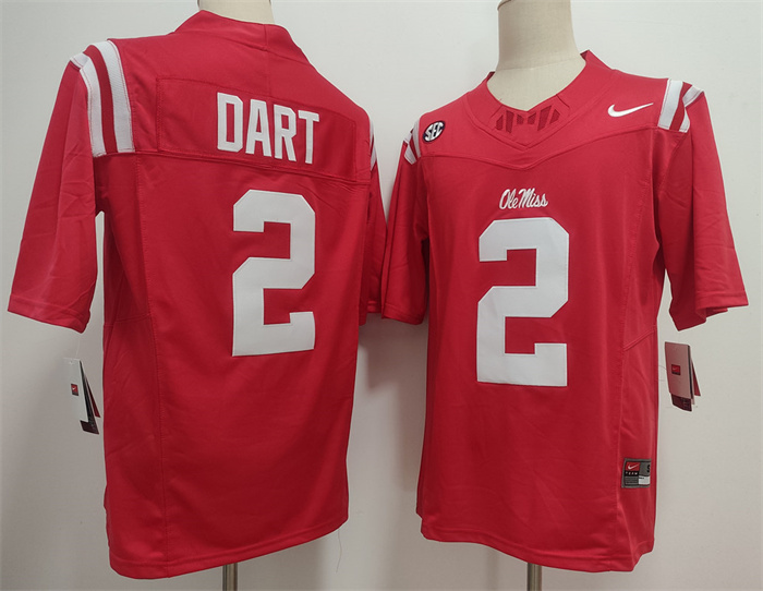 Men's Ole Miss Rebels #2 Jaxson Dart Red F.U.S.E. Stitched Football Jersey
