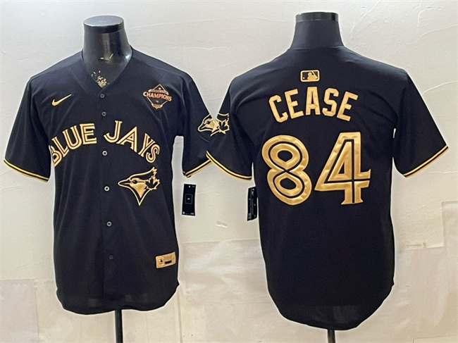 Men's Toronto Blue Jays #84 Dylan Cease Black Gold 2025 American League Champions Limited Stitched Baseball Jerseyseball Jersey