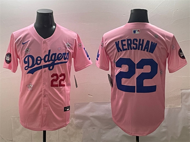 Men's Los Angeles Dodgers #22 Clayton Kershaw Pink 2025 Tokyo Series Limited Stitched Baseball Jersey Men's Los Angeles Dodgers #22 Clayton Kershaw Pink 2025 Tokyo Series Limited Stitched Baseball Jersey