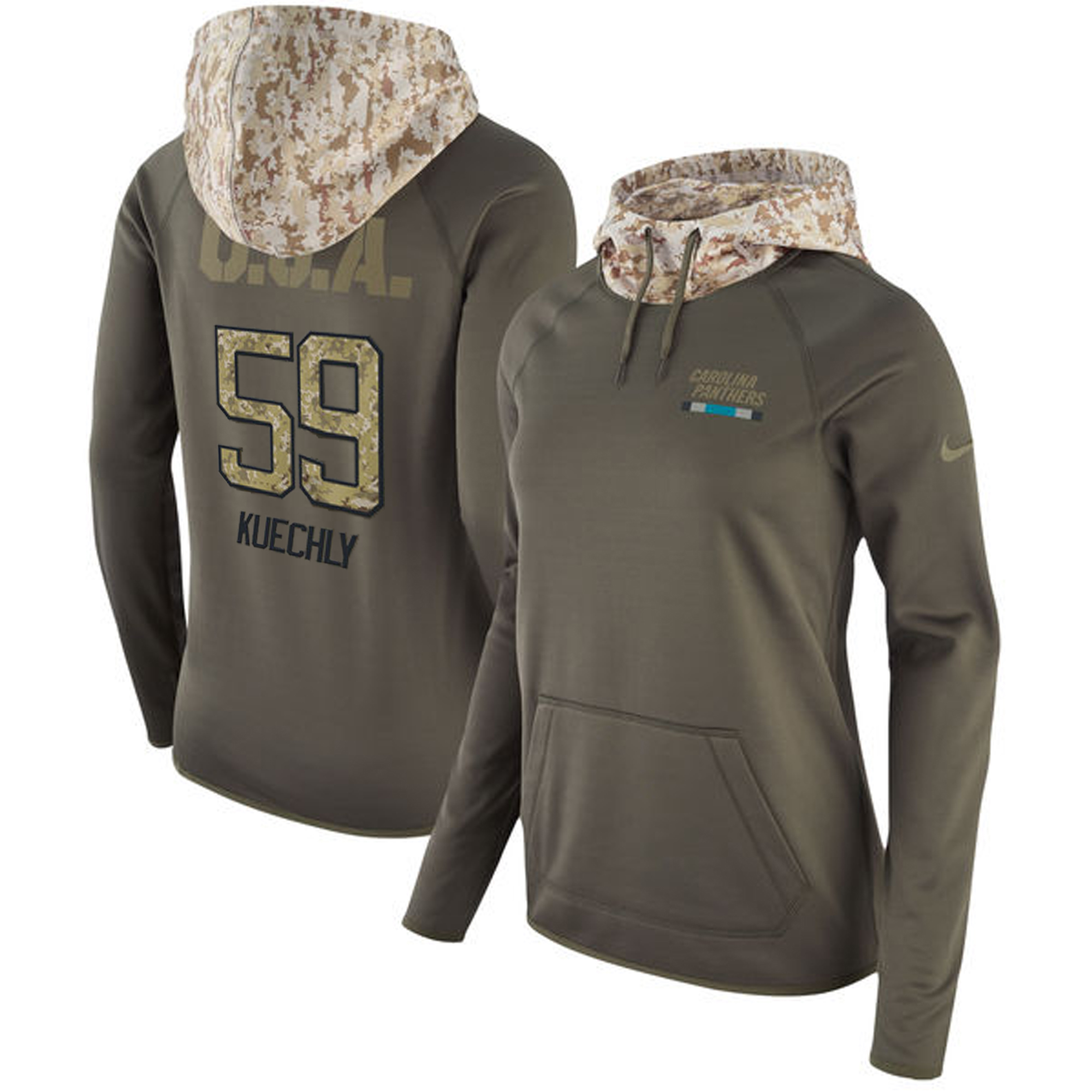 Women's Carolina Panthers #59 Luke Kuechly Olive Salute to Service Sideline Therma Pullover Hoodie
