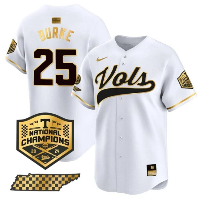 Men's Tennessee Volunteers #25 Blake Burke White Gold 2024 Champions Vapor Limited Stitched Jersey Men's Tennessee Volunteers #25 Blake Burke White Gold 2024 Champions Vapor Limited Stitched Jersey