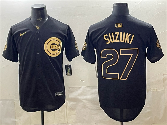 Men's Chicago Cubs #27 Seiya Suzuki Black/Gold 150th Anniversary Patch Stitched Baseball Jersey