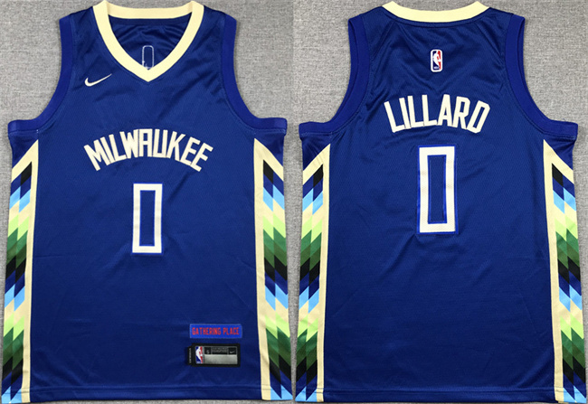 Youth Milwaukee Bucks #0 Damian Lillard Blue City Edition Stitched Basketball Jersey
