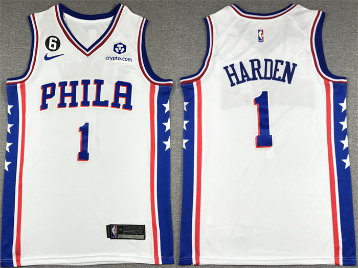 Men's Philadelphia 76ers #1 James Harden White With NO.6 Patch Stitched Jersey