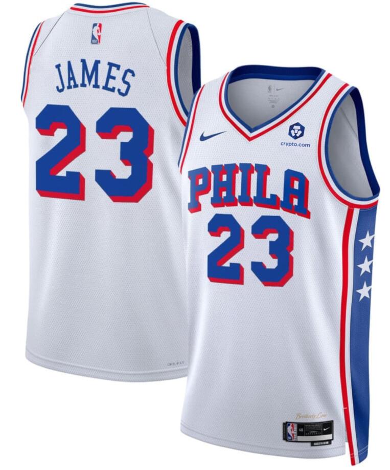 Men's Philadelphia 76ers #23 LeBron James White 2026 Association Edition With Patch Stitched Jersey Men's Philadelphia 76ers #23 LeBron James White 2026 Association Edition With Patch Stitched Jersey