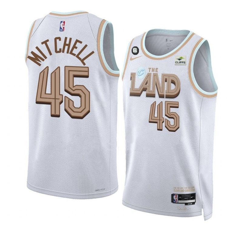 Men's Cleveland Cavaliers #45 Donovan Mitchell White 2022/23 City Edition Stitched Jersey Men's Cleveland Cavaliers #45 Donovan Mitchell White 2022/23 City Edition Stitched Jersey