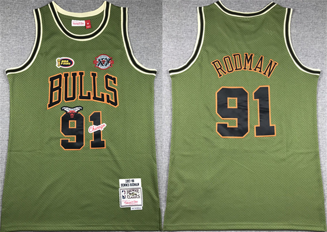 Men's Chicago Bulls #91 Dennis Rodman Green 1997-98 Throwback Stitched Basketball Jersey