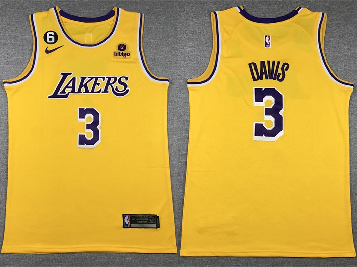 Men's Los Angeles Lakers #3 Anthony Davis Yellow Edition With NO.6 Patch Stitched Basketball Jersey 001