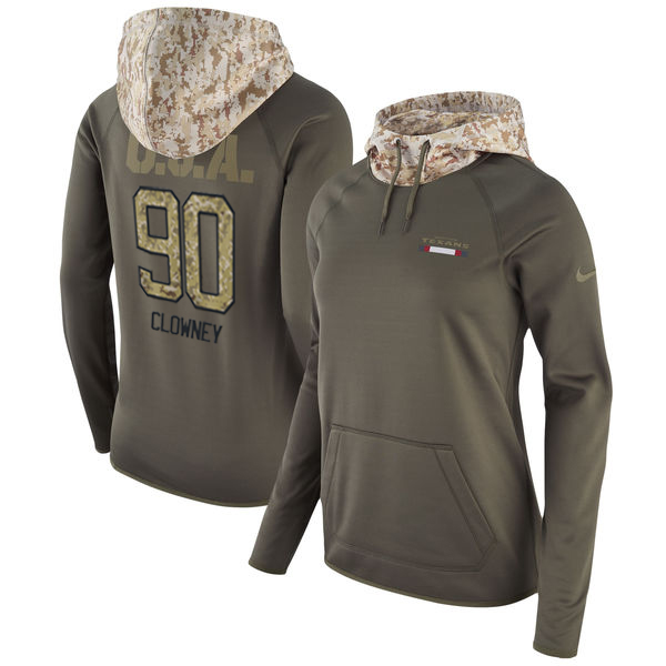 Women's Houston Texans #90 Jadeveon Clowney Olive Salute To Service Sideline Therma Pullover Hoodie
