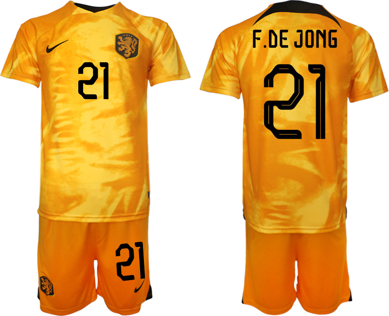 Men's Netherlands #21 F. De Jong Orange Home Soccer Jersey Suit