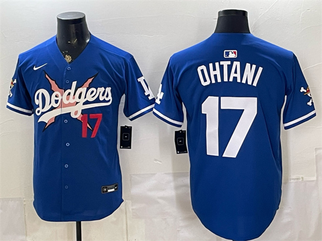 Men's Los Angeles Dodgers x One Piece #17 Shohei Ohtani Royal Vapor Premier Limited Stitched Baseball Jersey Men's Los Angeles Dodgers x One Piece #17 Shohei Ohtani Royal Vapor Premier Limited Stitched Baseball Jersey
