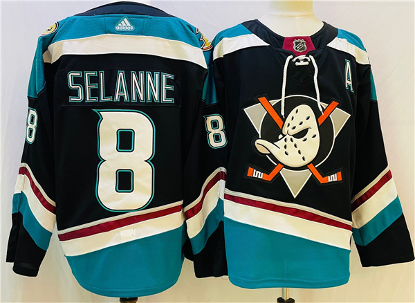 Men's Anaheim Ducks #8 Teemu Selanne Black/Teal Stitched Jersey