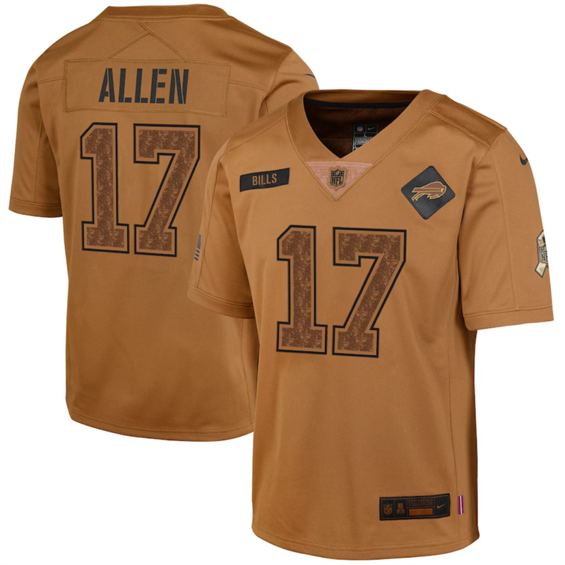 Youth Buffalo Bills #17 Josh Allen 2023 Brown Salute To Service Limited Stitched Football Jersey