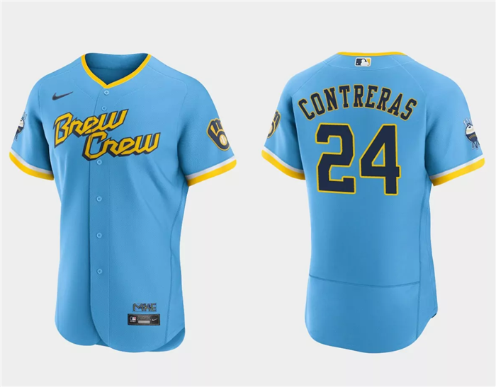 Men's Milwaukee Brewers #24 William Contreras Powder Blue 2022 City Connect Flex Base Stitched Baseball Jersey