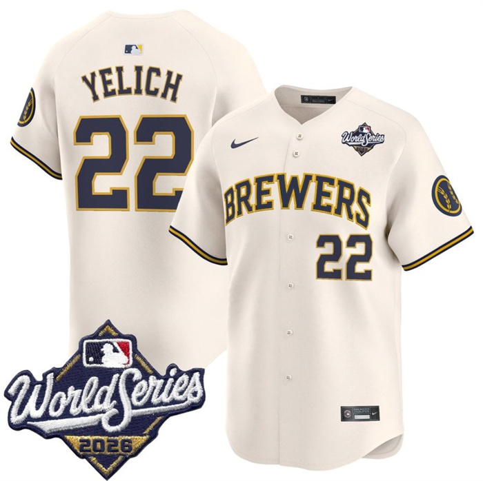 Men's Milwaukee Brewers #22 Christian Yelich Cream 2026 World Series Limited Stitched Baseball Jersey Men's Milwaukee Brewers #22 Christian Yelich Cream 2026 World Series Limited Stitched Baseball Jersey