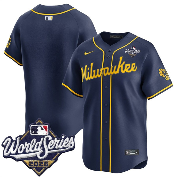 Men's Milwaukee Brewers Blank Navy 2026 World Series Alternate Limited Stitched Baseball Jersey Men's Milwaukee Brewers Blank Navy 2026 World Series Alternate Limited Stitched Baseball Jersey