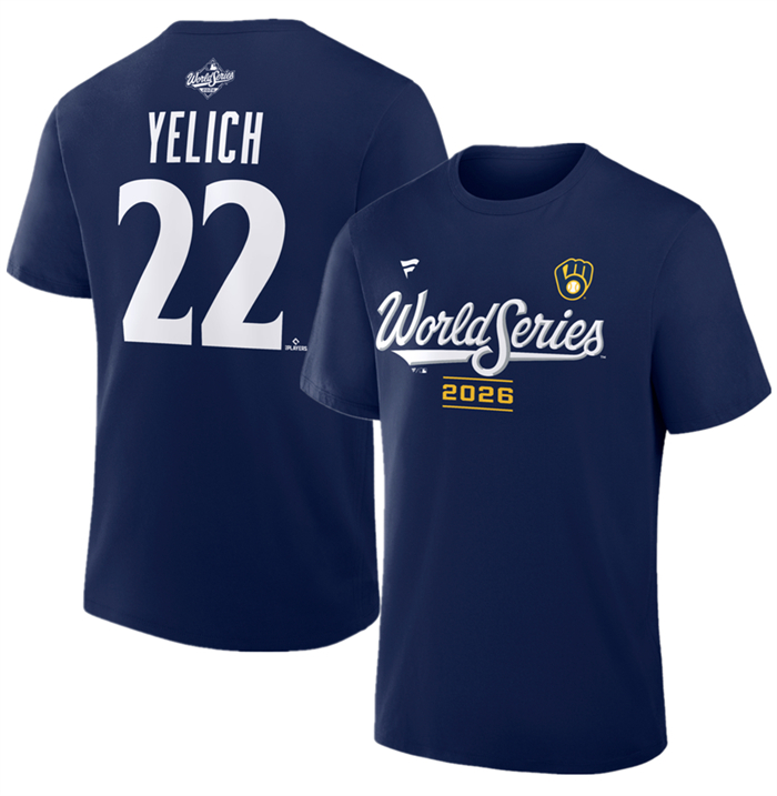 Men's Milwaukee Brewers #22 Christian Yelich Navy 2026 World Series Name & Number T-Shirt