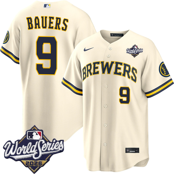 Men's Milwaukee Brewers #9 Jake Bauers Cream 2026 World Series Stitched Baseball Jersey