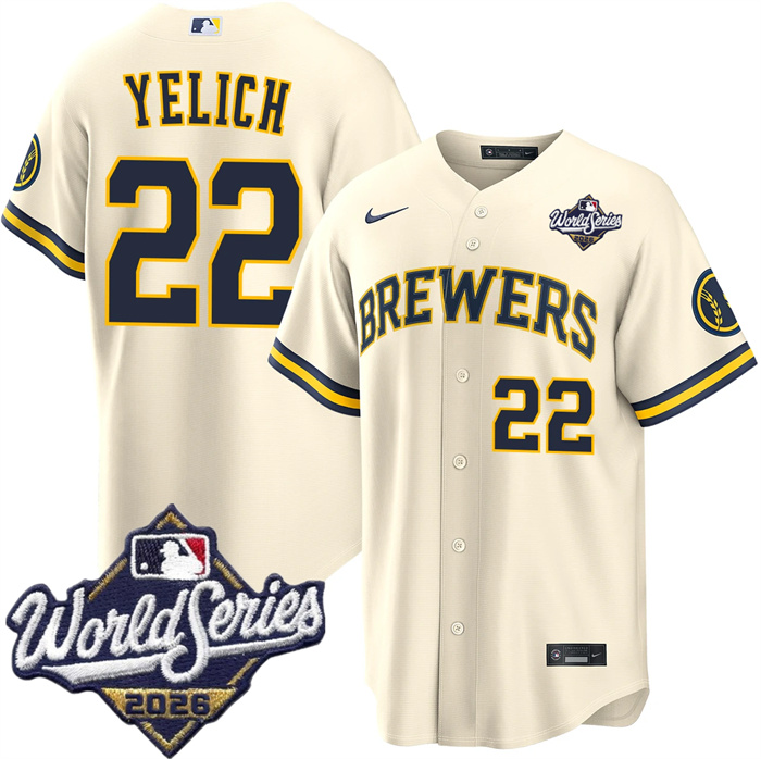 Men's Milwaukee Brewers #22 Christian Yelich Cream 2026 World Series Stitched Baseball Jersey