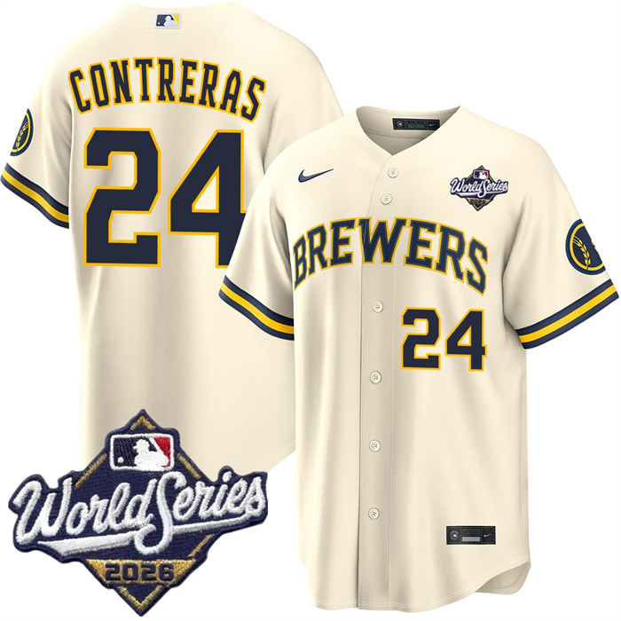 Men's Milwaukee Brewers #24 William Contreras Cream 2026 World Series Stitched Baseball Jersey