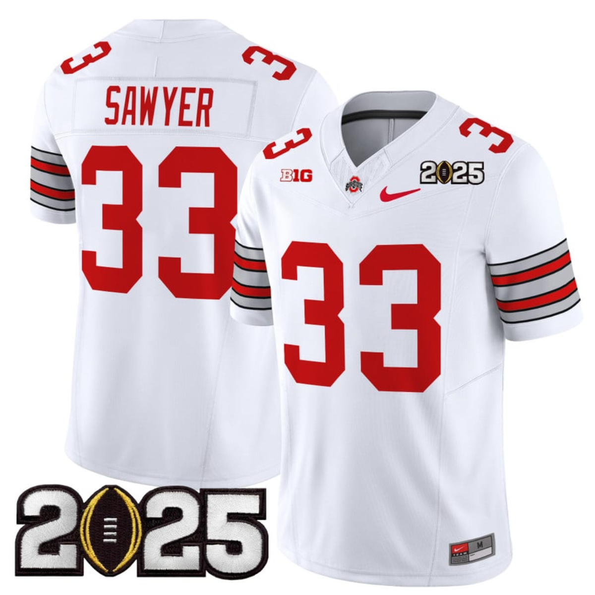 Men's Ohio State Buckeyes #33 Jack Sawyer White 2025 CFP Final Patch F.U.S.E. Vapor Limited Stitched Football Jersey Men's Ohio State Buckeyes #33 Jack Sawyer White 2025 CFP Final Patch F.U.S.E. Vapor Limited Stitched Football Jersey