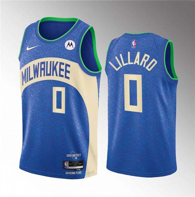 Men's Milwaukee Bucks #0 Damian Lillard 2023/24 Blue City Edition Stitched Basketball Jersey