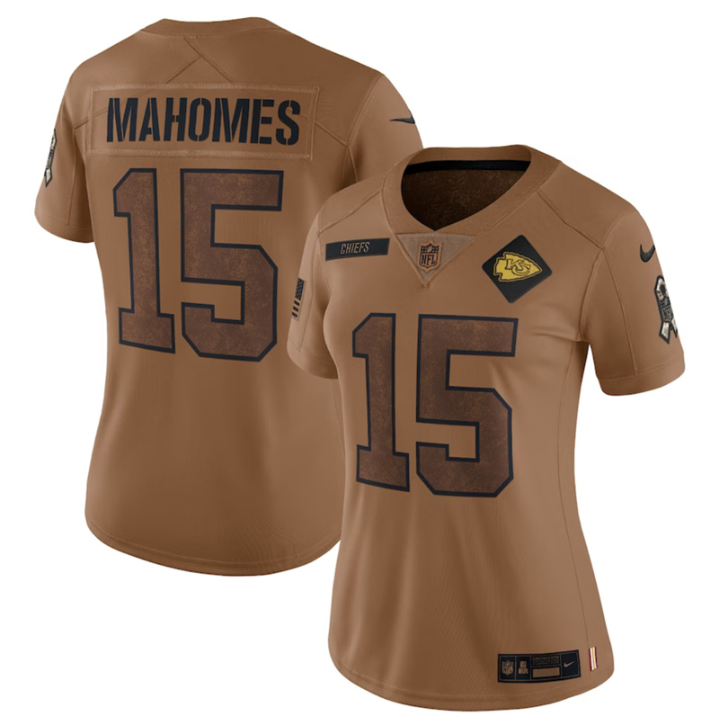 Women's Kansas City Chiefs #15 Patrick Mahomes 2023 Brown Salute To Service Limited Stitched Football Jersey(Run Small)