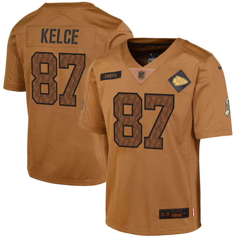 Youth Kansas City Chiefs #87 Travis Kelce 2023 Brown Salute To Service Limited Stitched Football Jersey